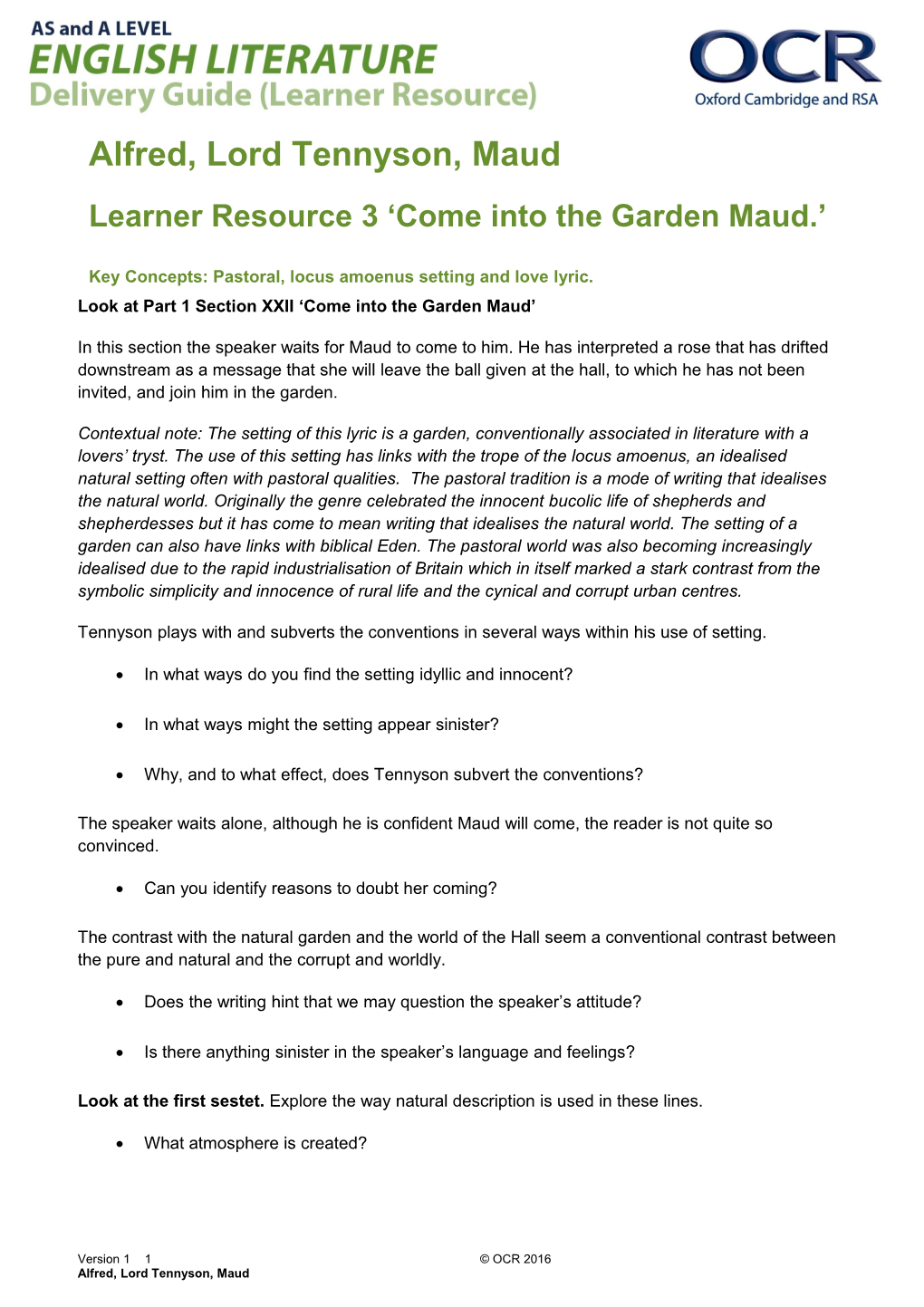 OCR a and AS Level English Literature, Alfred, Lord Tennyson - Maud Learner Resource 3