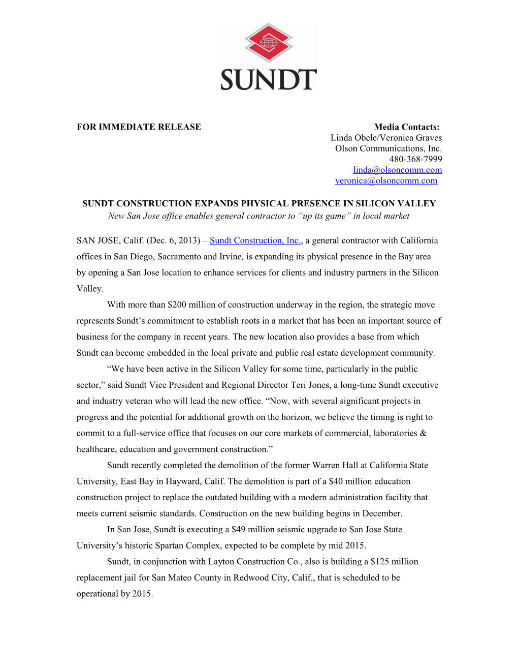 Sundt Construction Expands Physical Presence in Silicon Valley