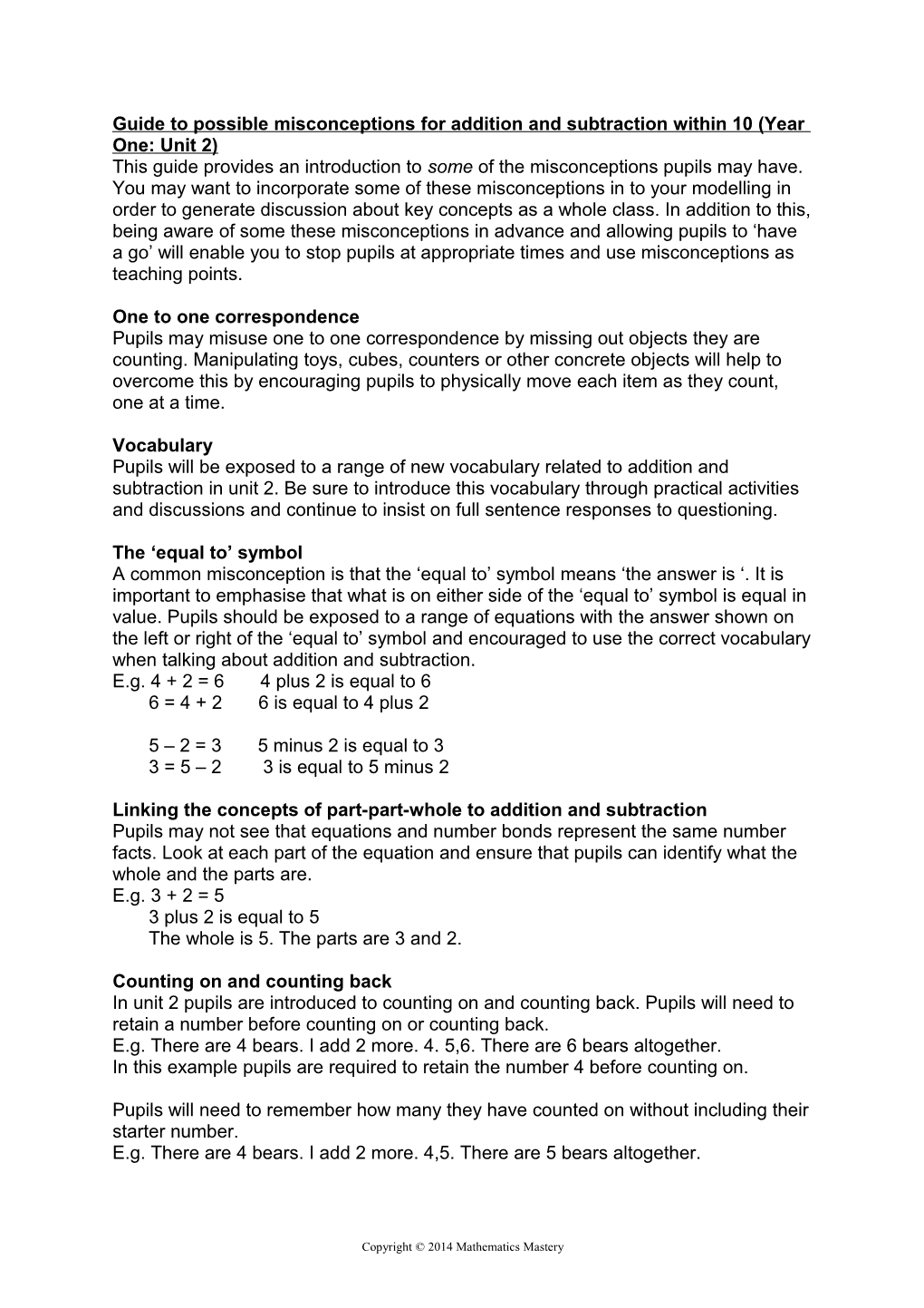 Guide to Possible Misconceptions for Addition and Subtraction Within 10 (Year One: Unit 2)