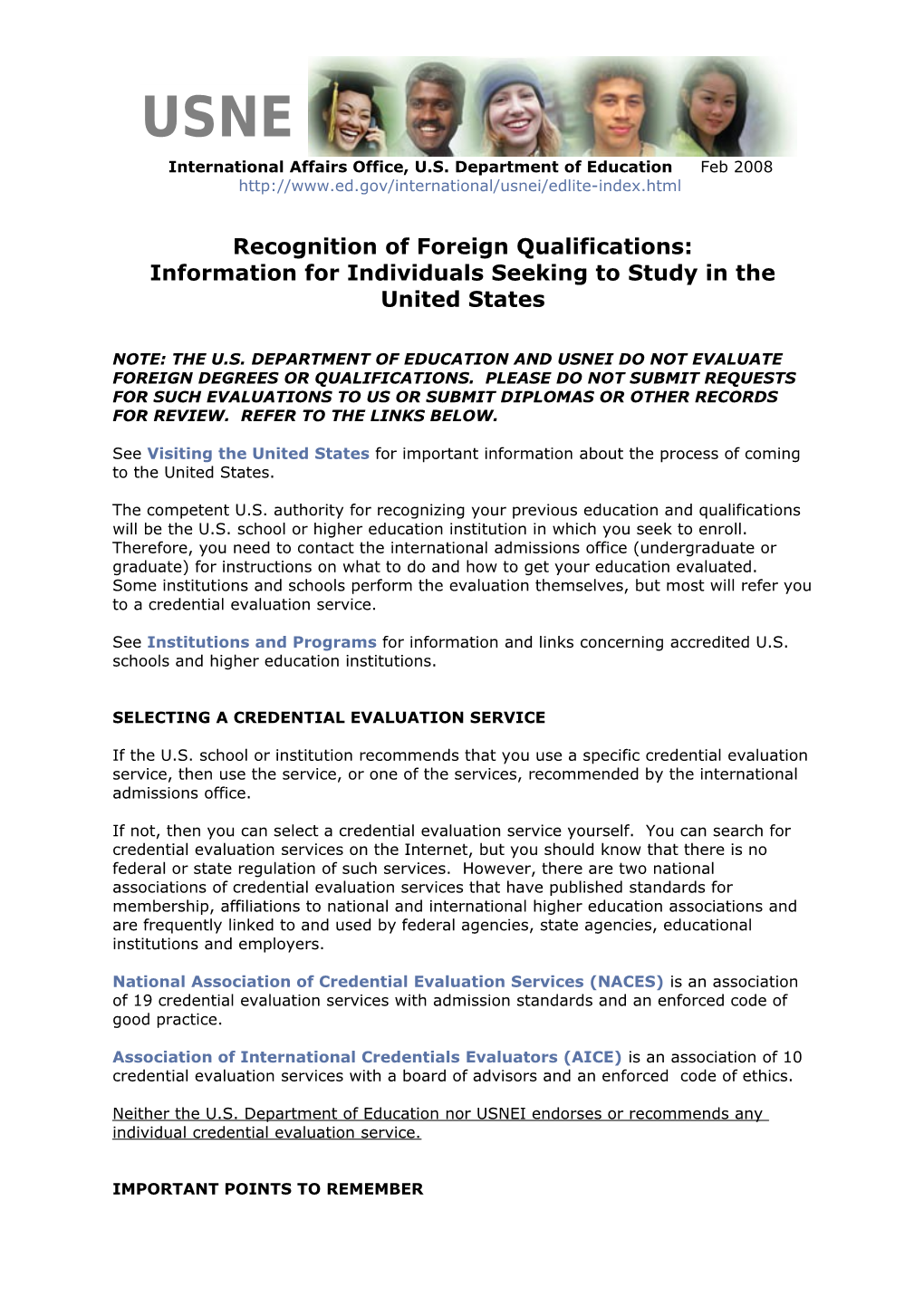 Recognition of Foreign Qualifications: Information for Individuals Seeking to Study In