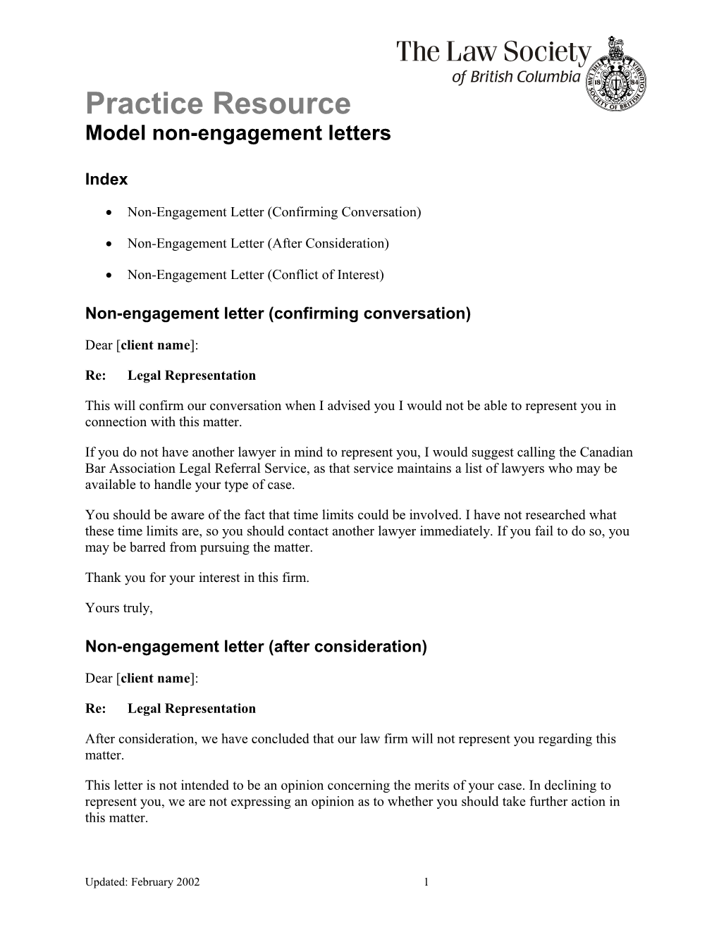 Practice Resource: Model Non-Engagement Letters