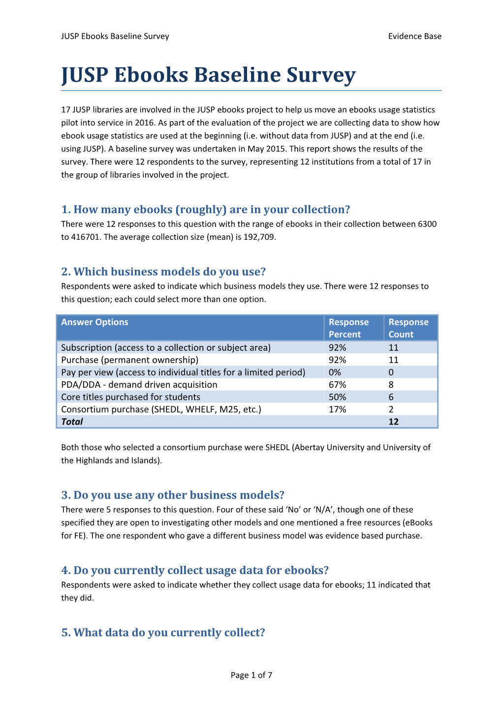 JUSP Ebooks Baseline Survey Evidence Base