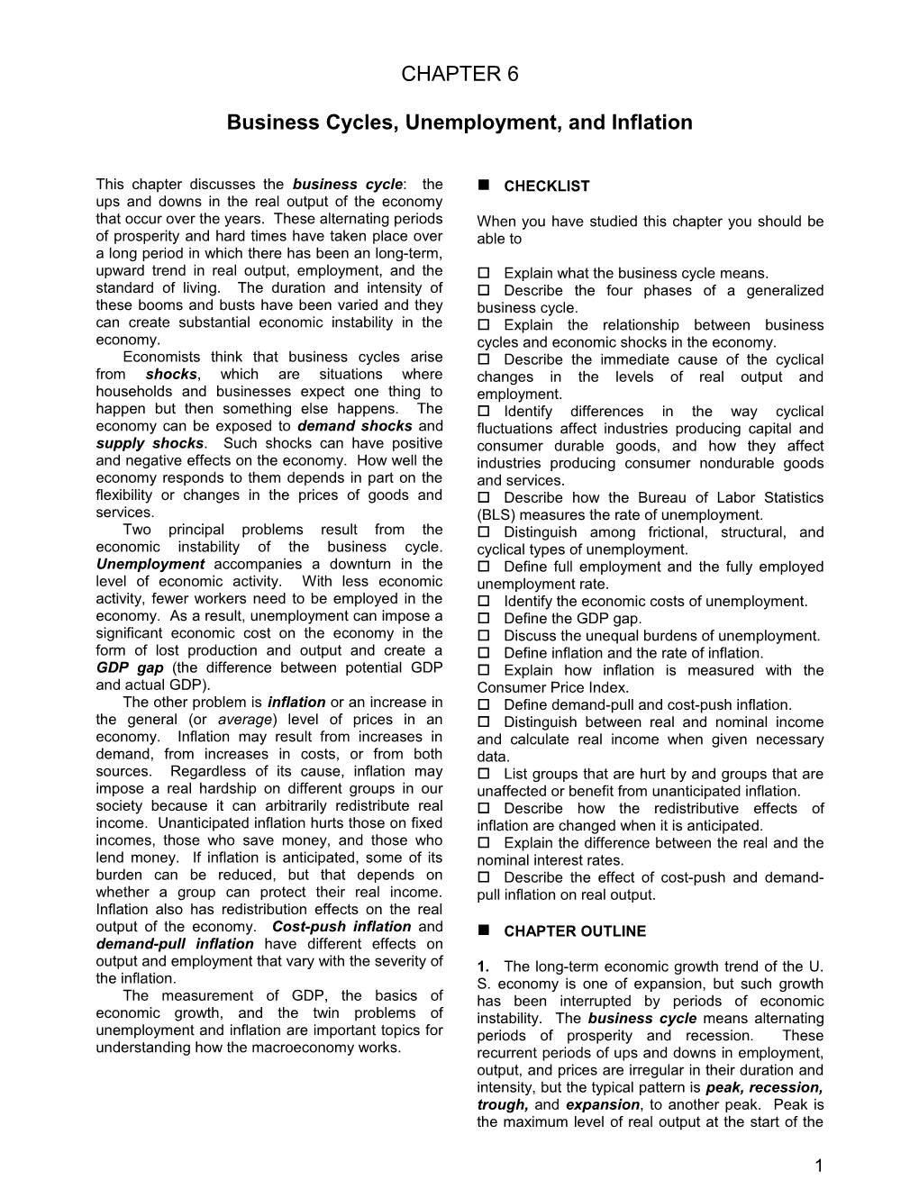 Business Cycles, Unemployment, and Inflation