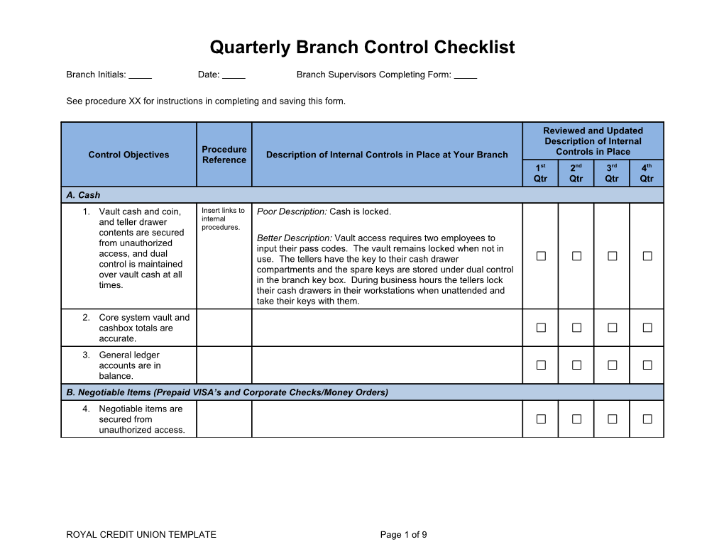 Quarterly Branch Control Checklist