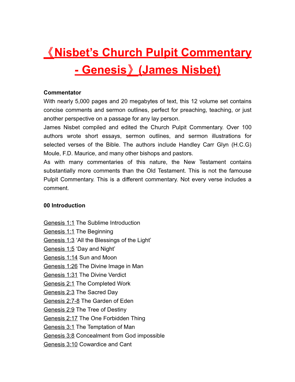 Nisbet S Church Pulpit Commentary - Genesis (James Nisbet)