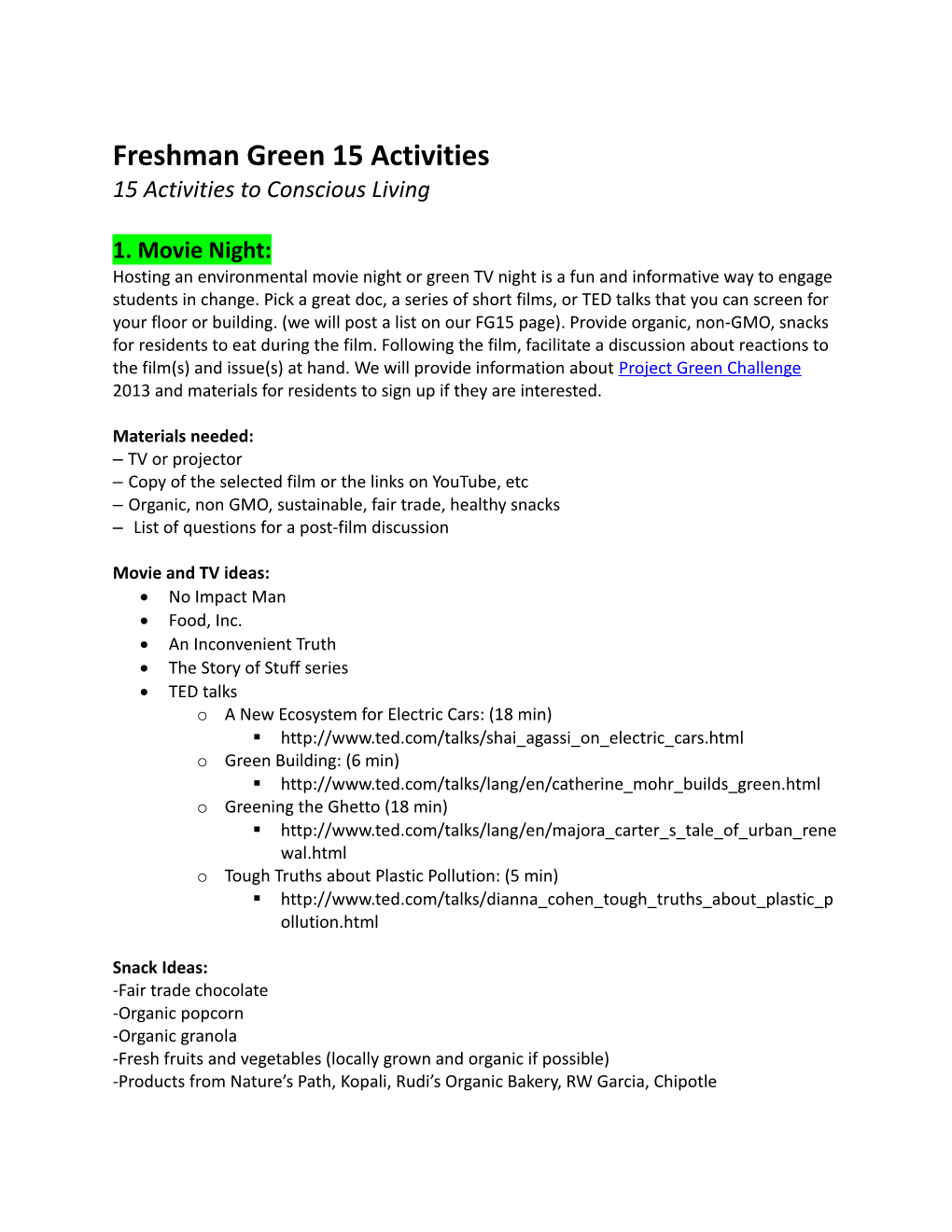 Freshman Green 15 Activities