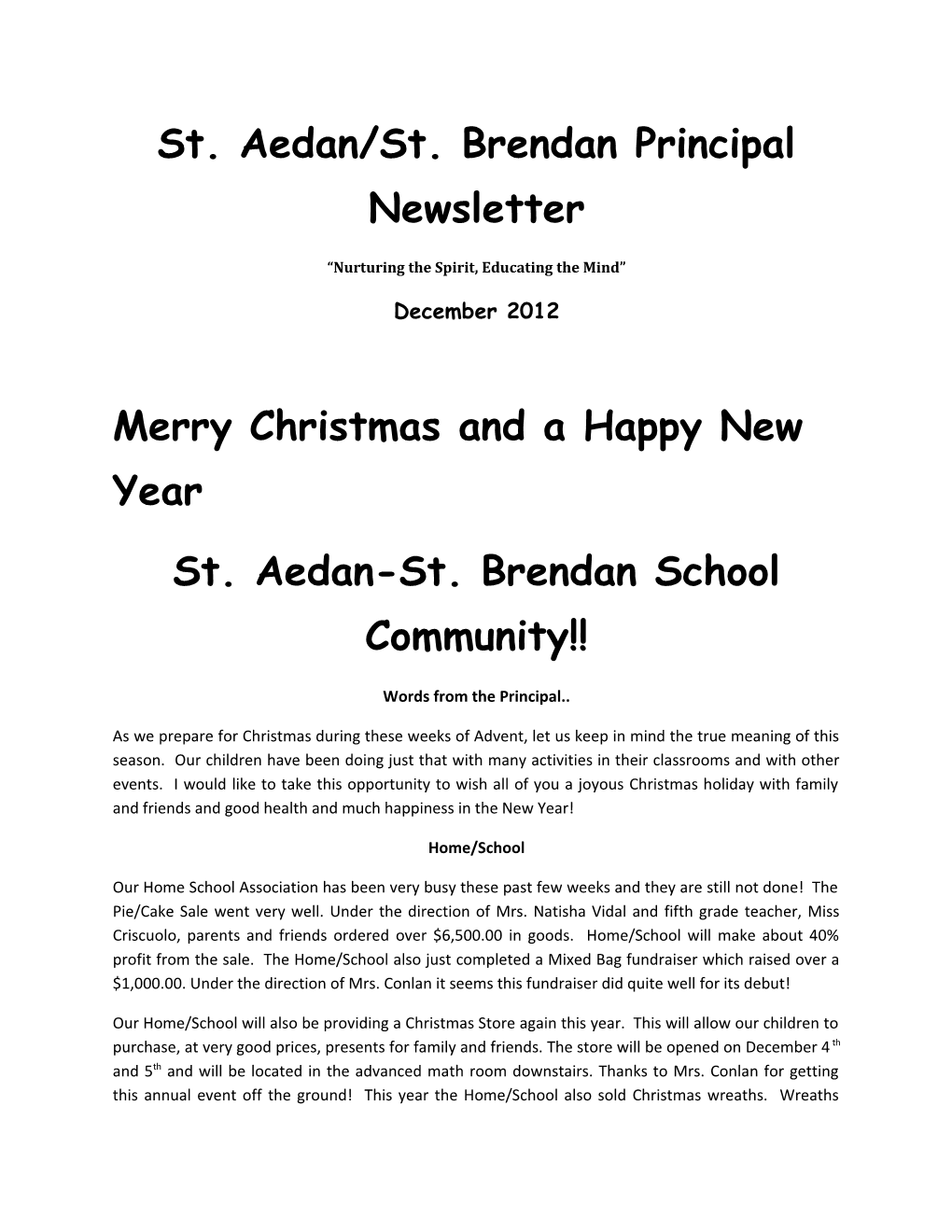 St. Aedan/St. Brendan Principal Newsletter