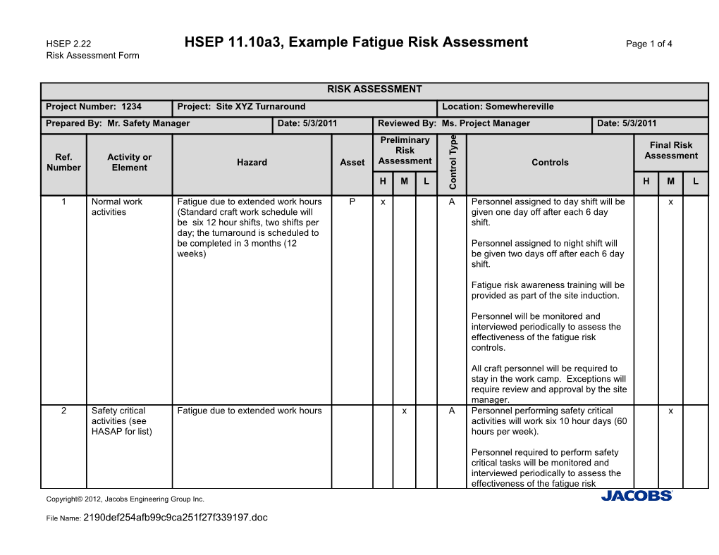 HSEP 2.22 HSEP 11.10A3, Example Fatigue Risk Assessment Page 1 of 4