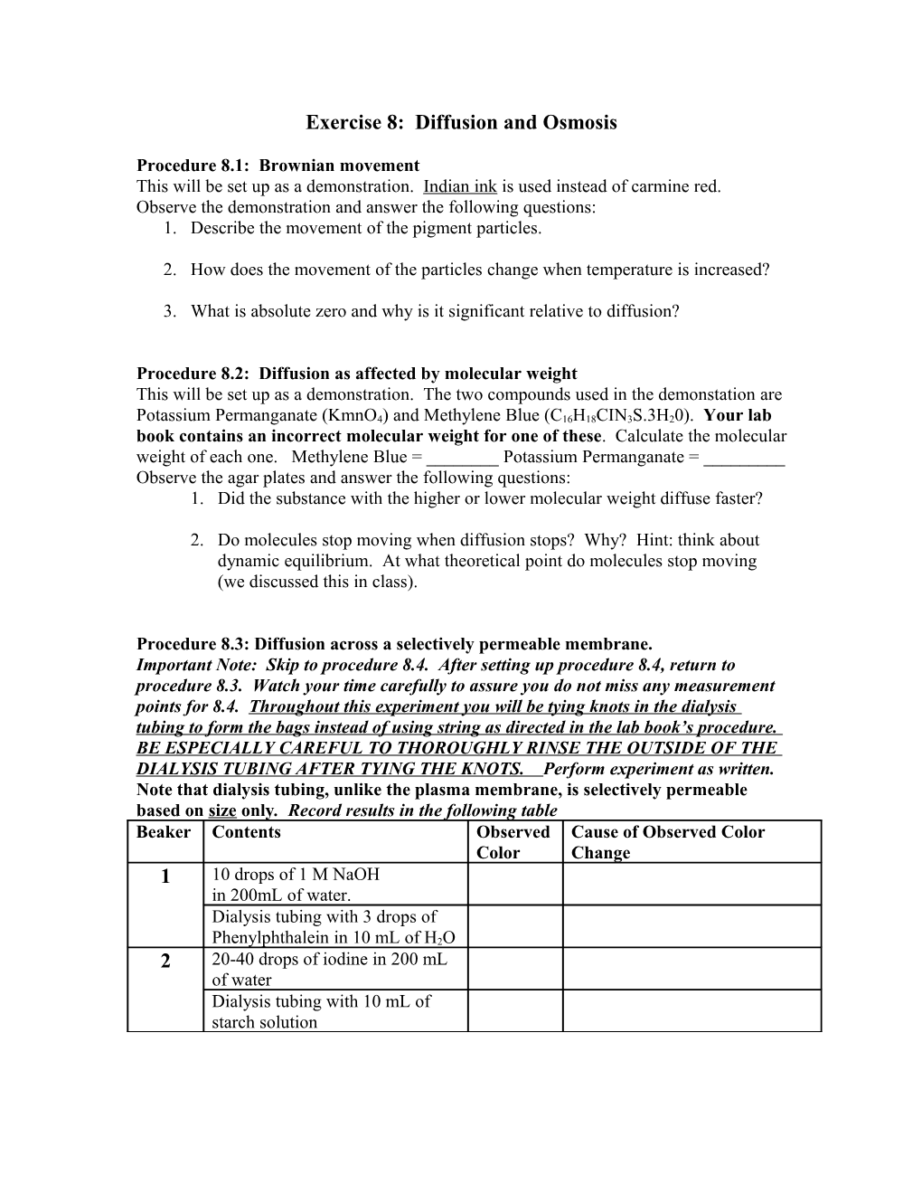 Exercise 8: Diffusion and Osmosis