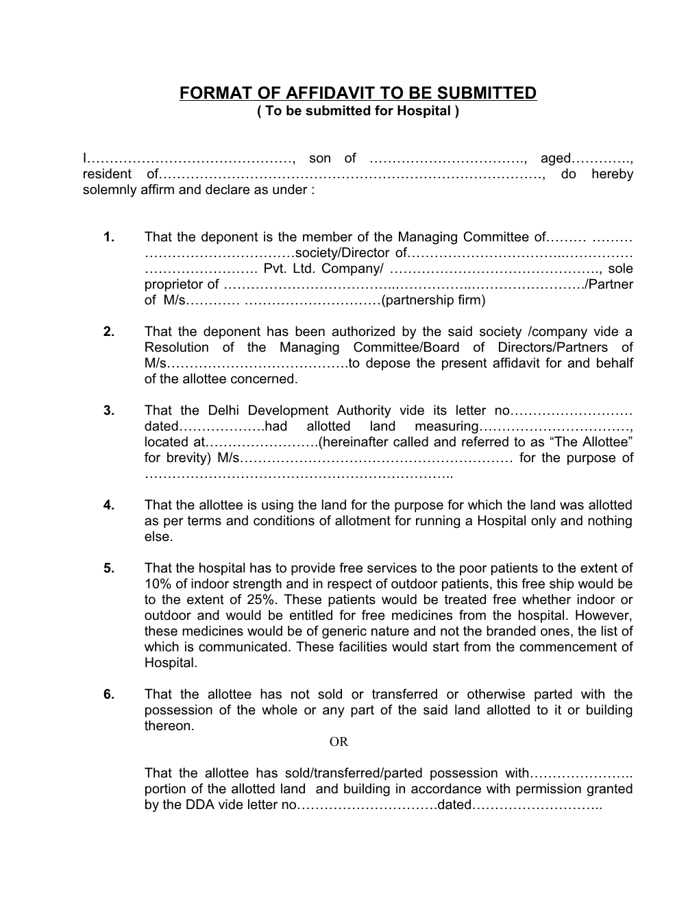 Format of Affidavit to Be Submitted