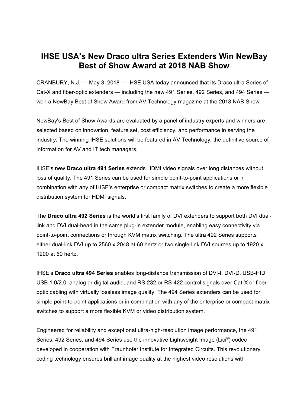 IHSE USA Press Release