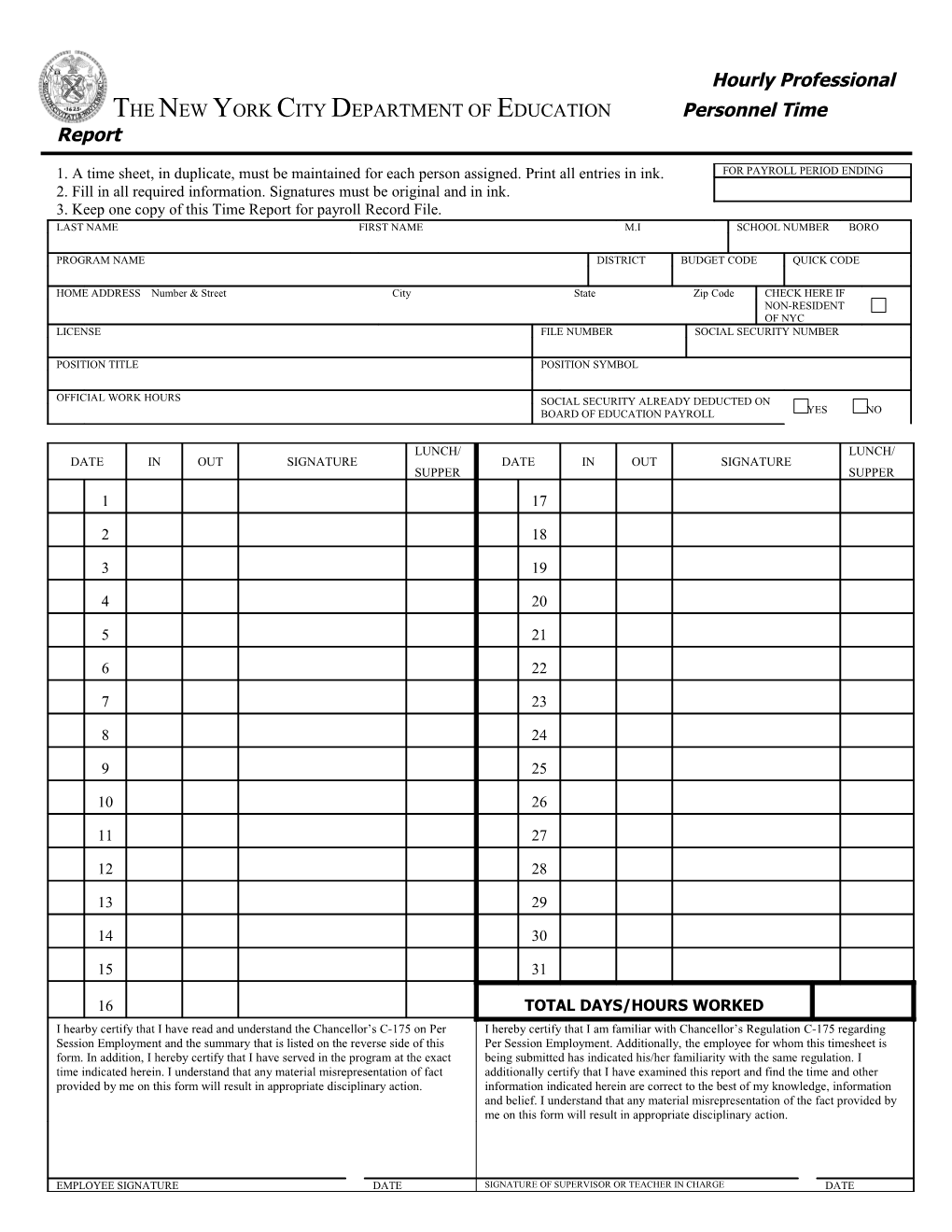 Hourly Professional Personnel Time Report