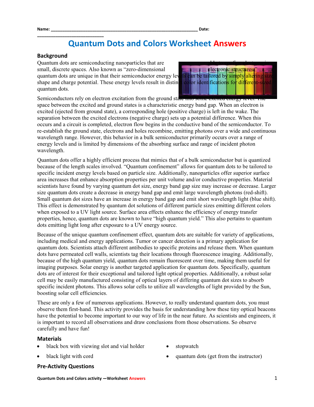 Quantum Dots and Colors Worksheet Answers