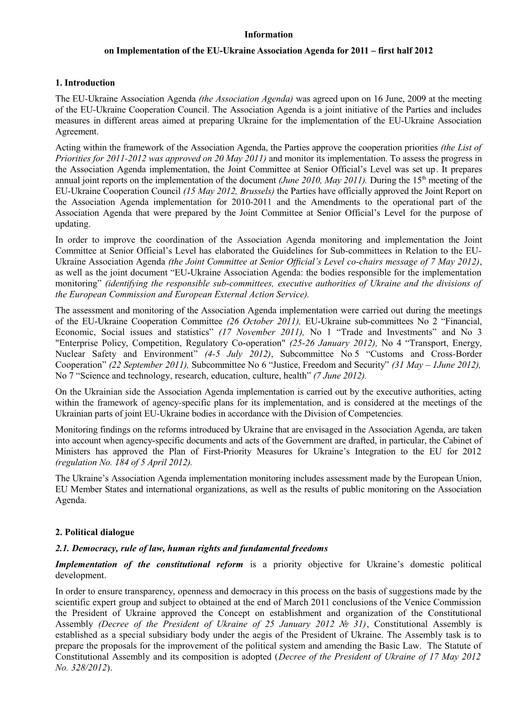 Information on Implementation of the EU-Ukraine Association Agenda