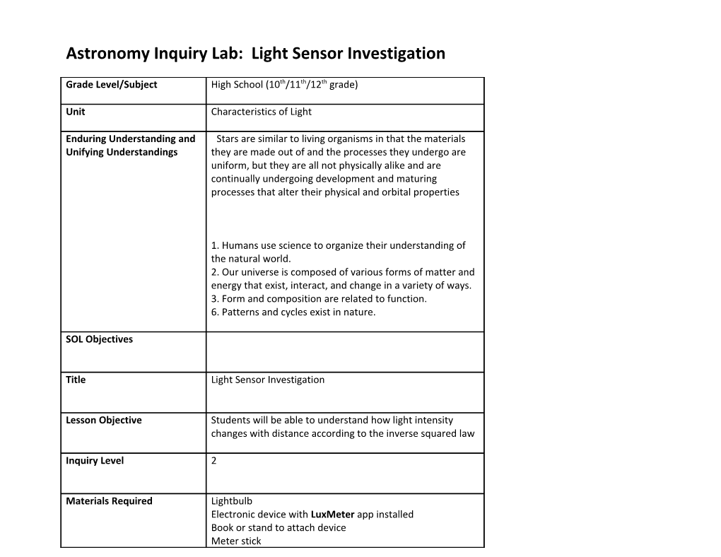 Astronomy Inquiry Lab: Light Sensor Investigation