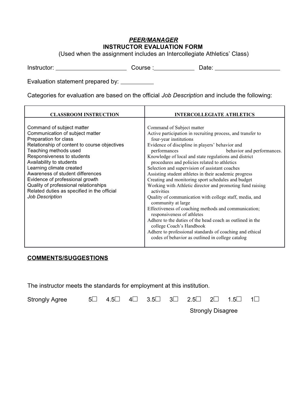 Instructor Evaluation Form