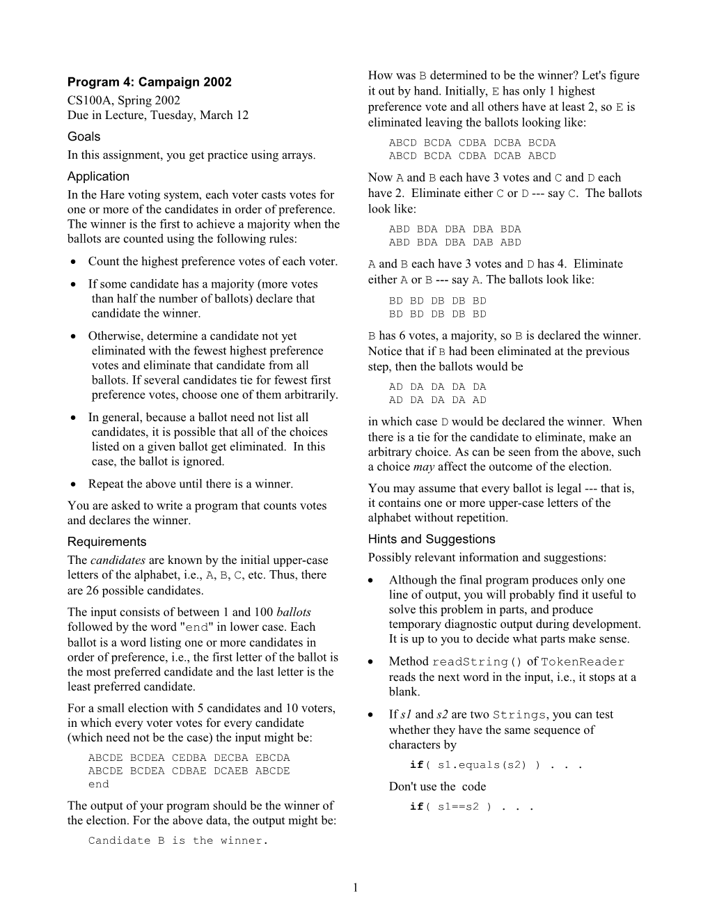 Program 2 CS 100A Fall 1999