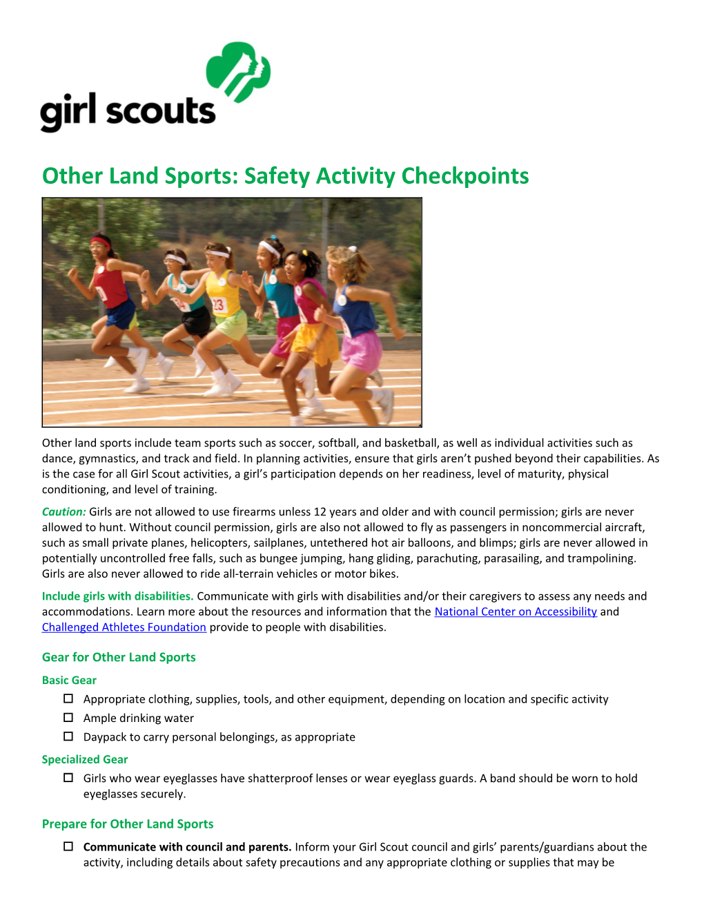 Other Land Sports: Safety Activity Checkpoints