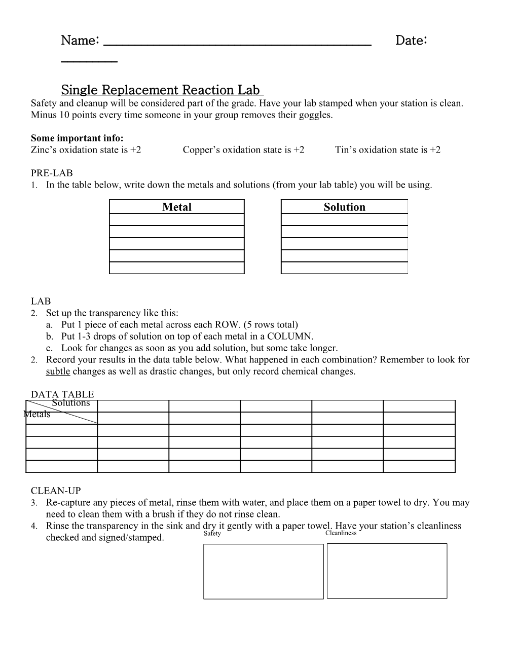Single Replacement Reaction Lab