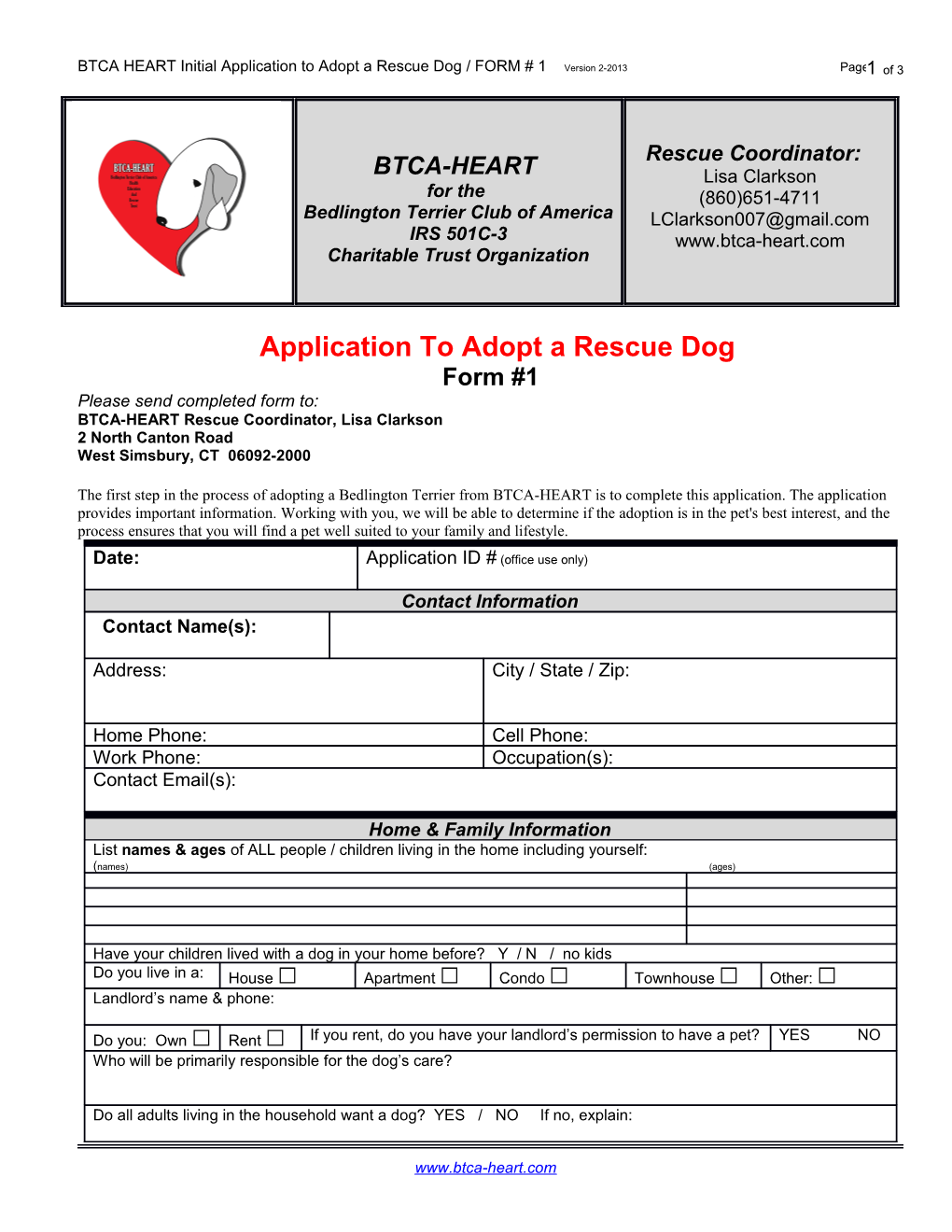 BTCA HEART Initial Application to Adopt a Rescue Dog / FORM # 1 Version 2-2013 Page