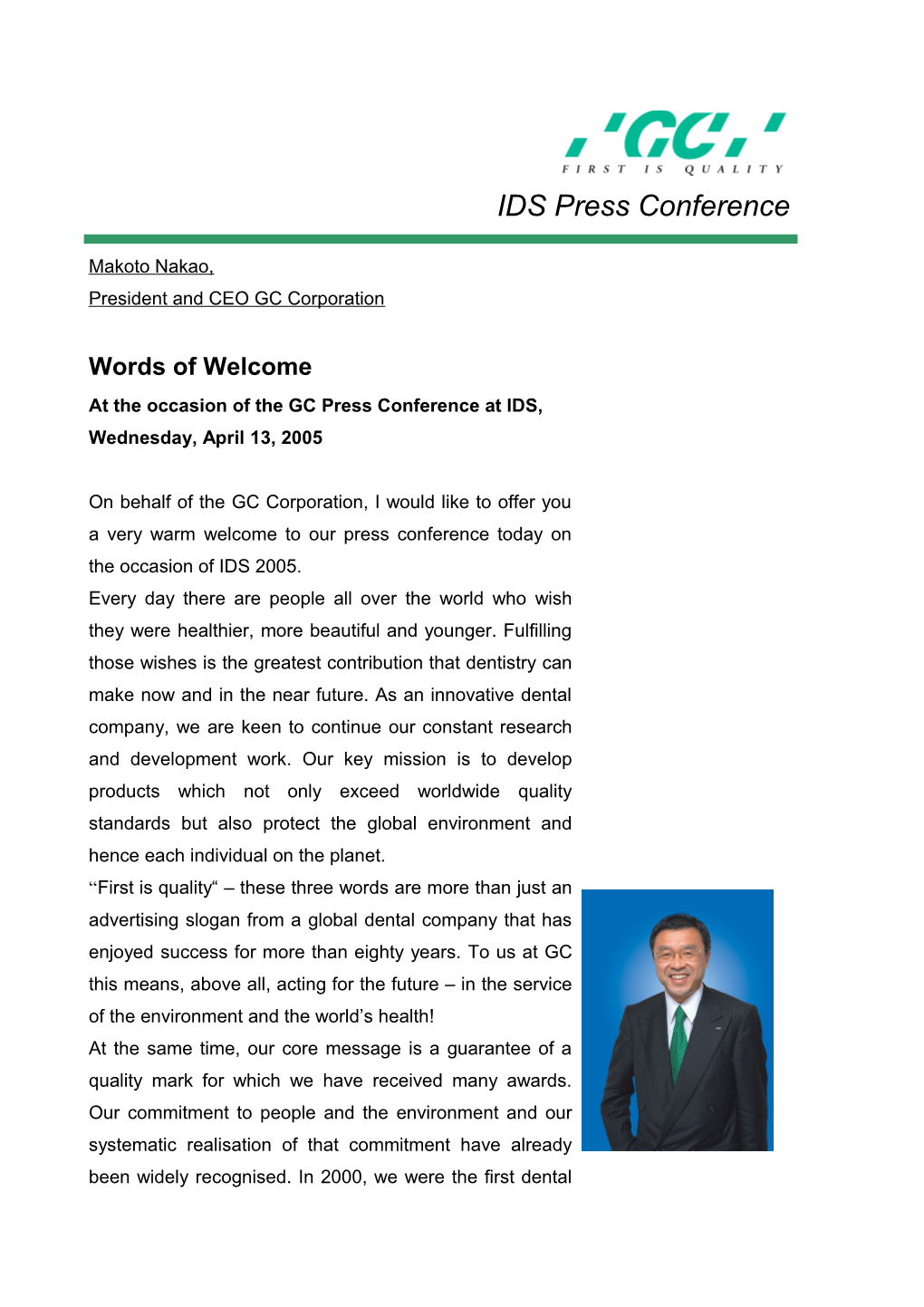 Welcoming Speech at GC Press Conference