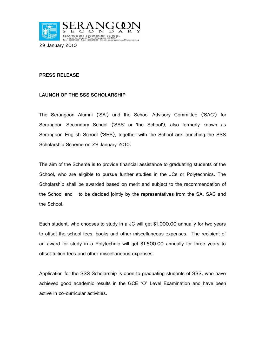 Press Release on the Launch of the Sss Scholarship Fund