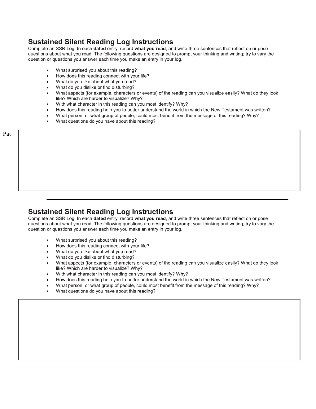 Sustained Silent Reading Log Instructions