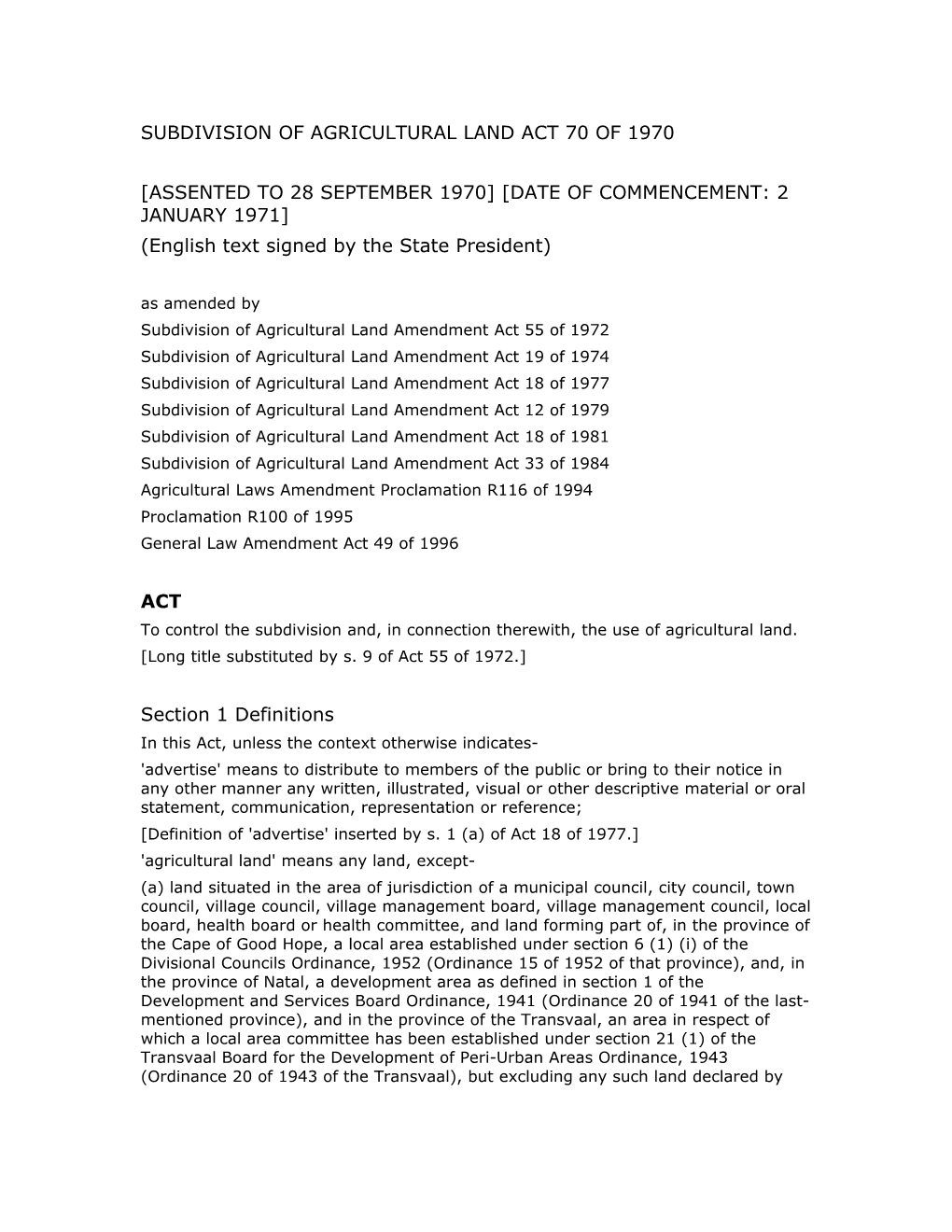 Subdivision of Agricultural Land Act 70 of 1970