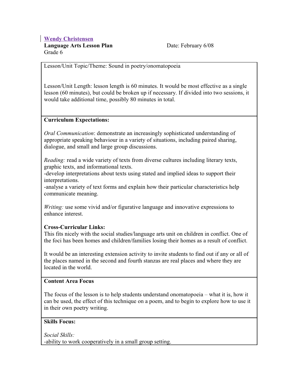 Language Arts Short-Term Planning Template