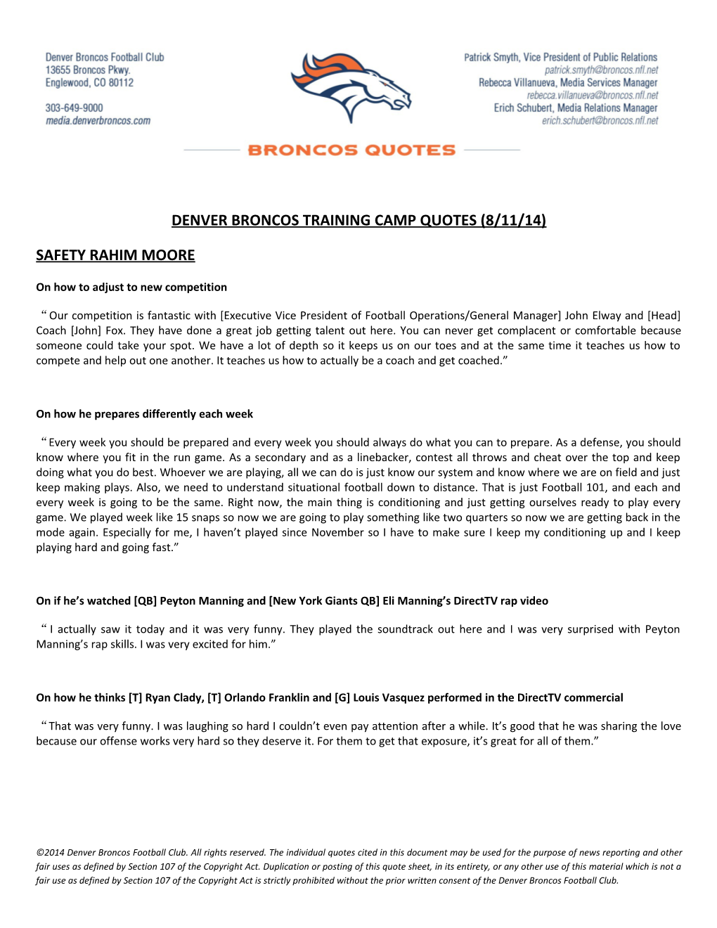 Denver Broncos Training Camp Quotes (8/11/14) s1