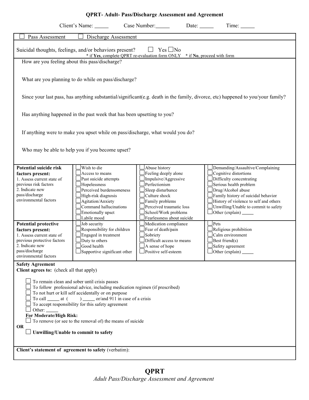 QPRT- Adult- Pass/Discharge Assessment and Agreement