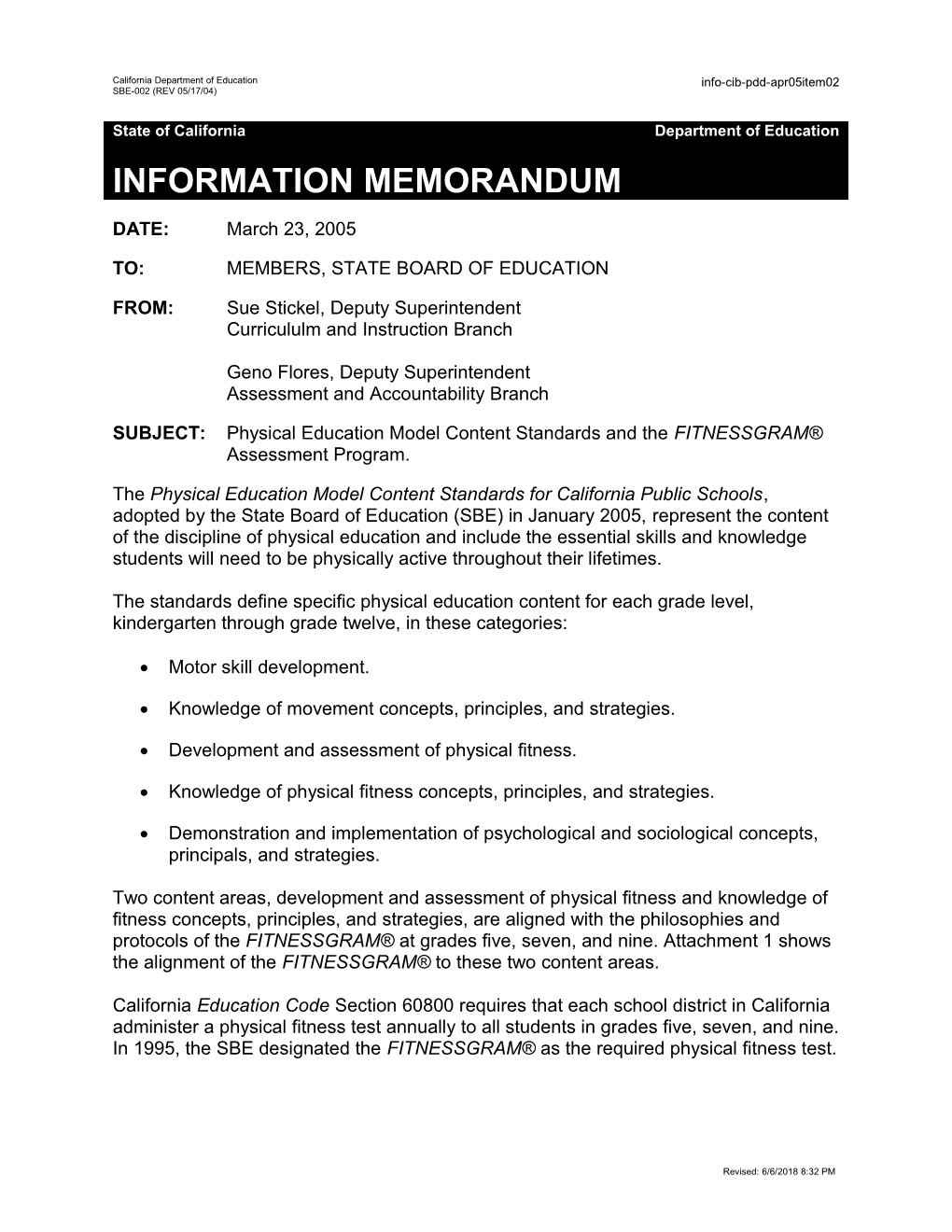 PDD Item 02 April 2005 - Information Memorandum (CA State Board of Education)
