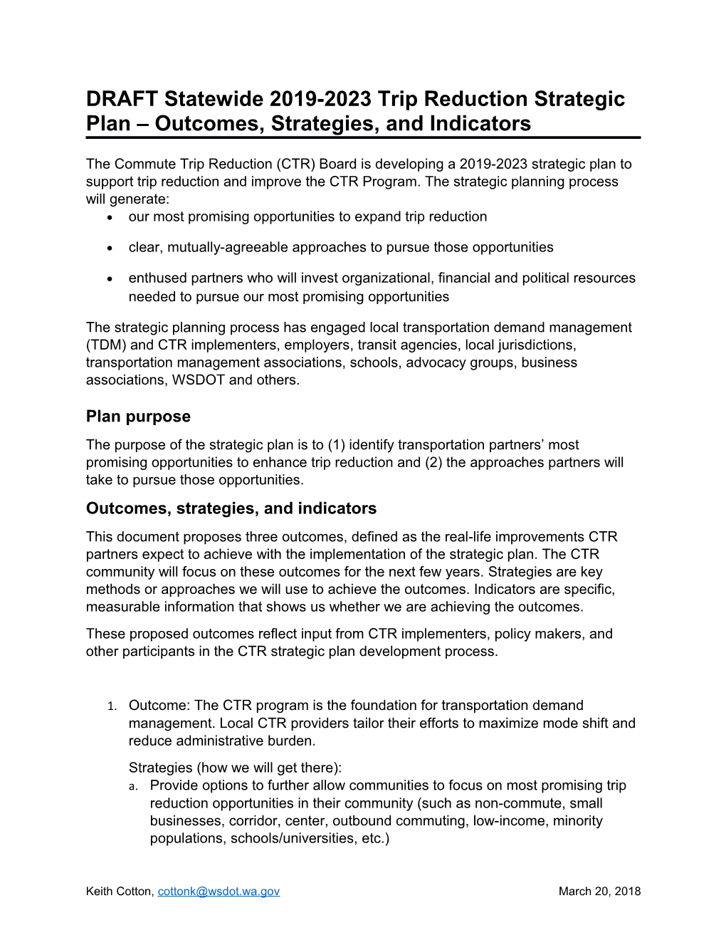 DRAFT Statewide 2019-2023 Trip Reduction Strategic Plan Outcomes, Strategies, and Indicators