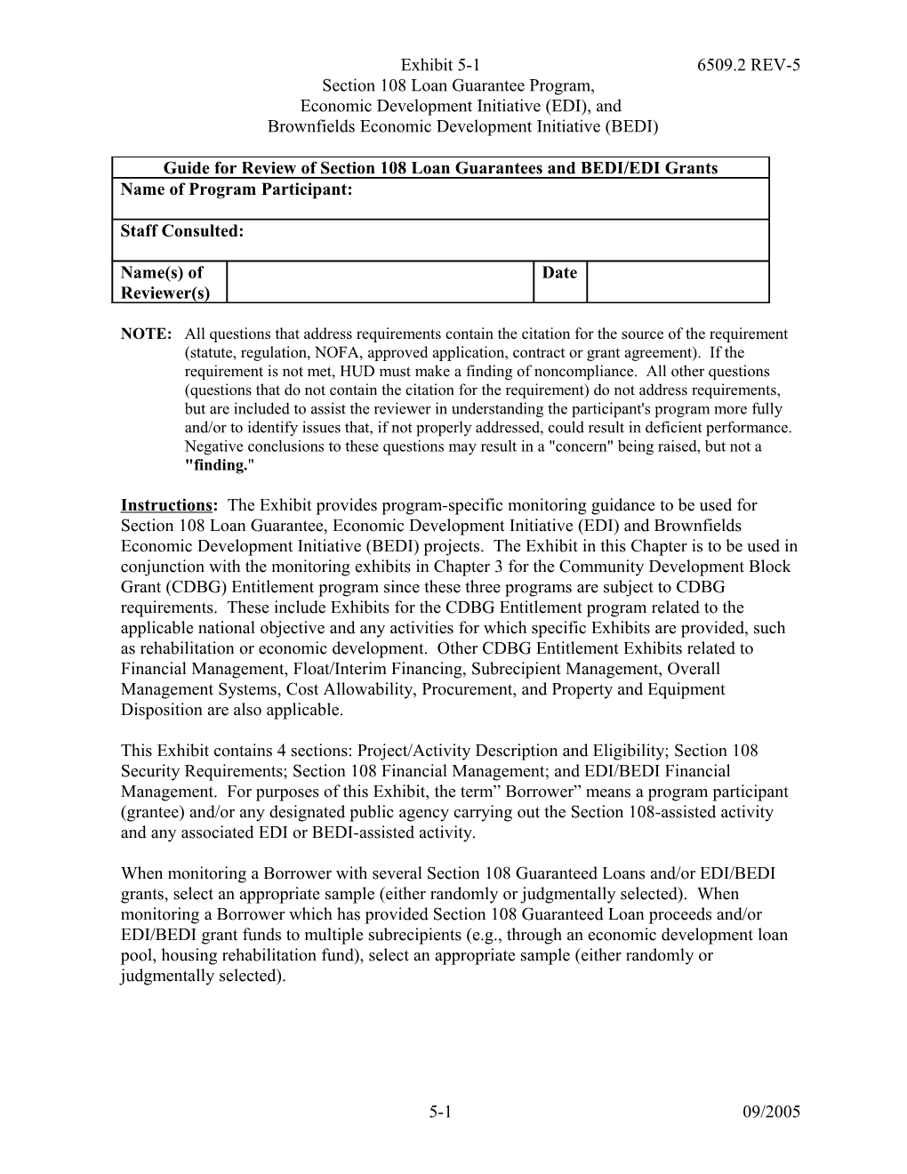 Exhibit 5-1: SECTION 108 LOAN GUARANTEES, ECONOMIC DEVELOPMENT INITIATIVE (EDI), and BROWNFIELDS