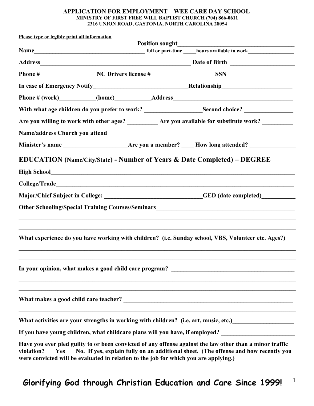 Application for Employment Weekday Preschool Ministries