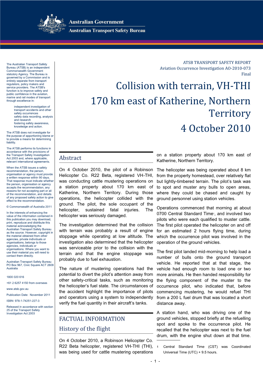 Collision with Terrain, VH-THI 170 Km East of Katherine, Northern Territory 4 October 2010