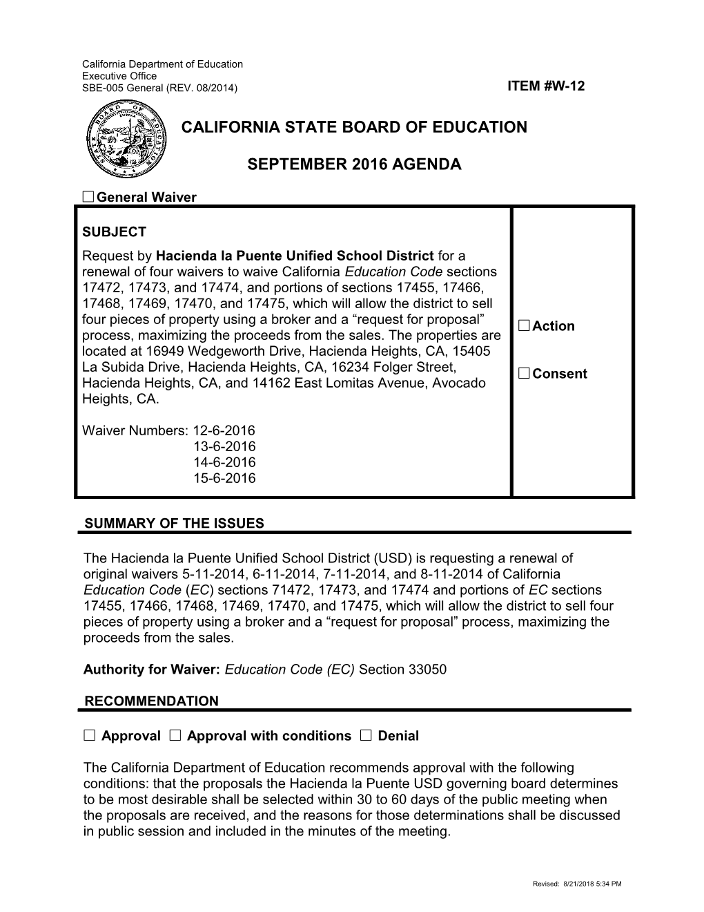 September 2016 Waiver Item W-12 - Meeting Agendas (CA State Board of Education)