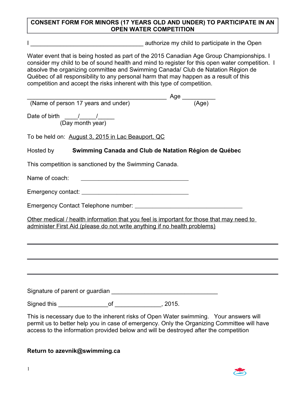 Consent Form for Minors (17 Years Old and Under) to Participate in an Open Water Competition