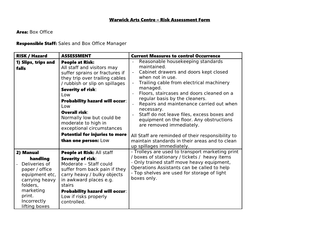 Warwick Arts Centre Risk Assessment Form