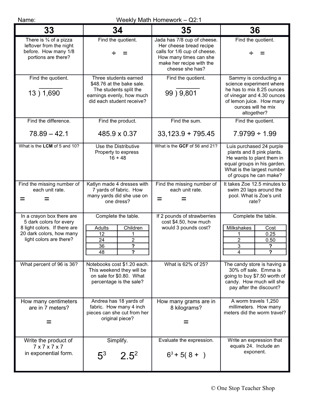 Weekly Homework Sheet s4