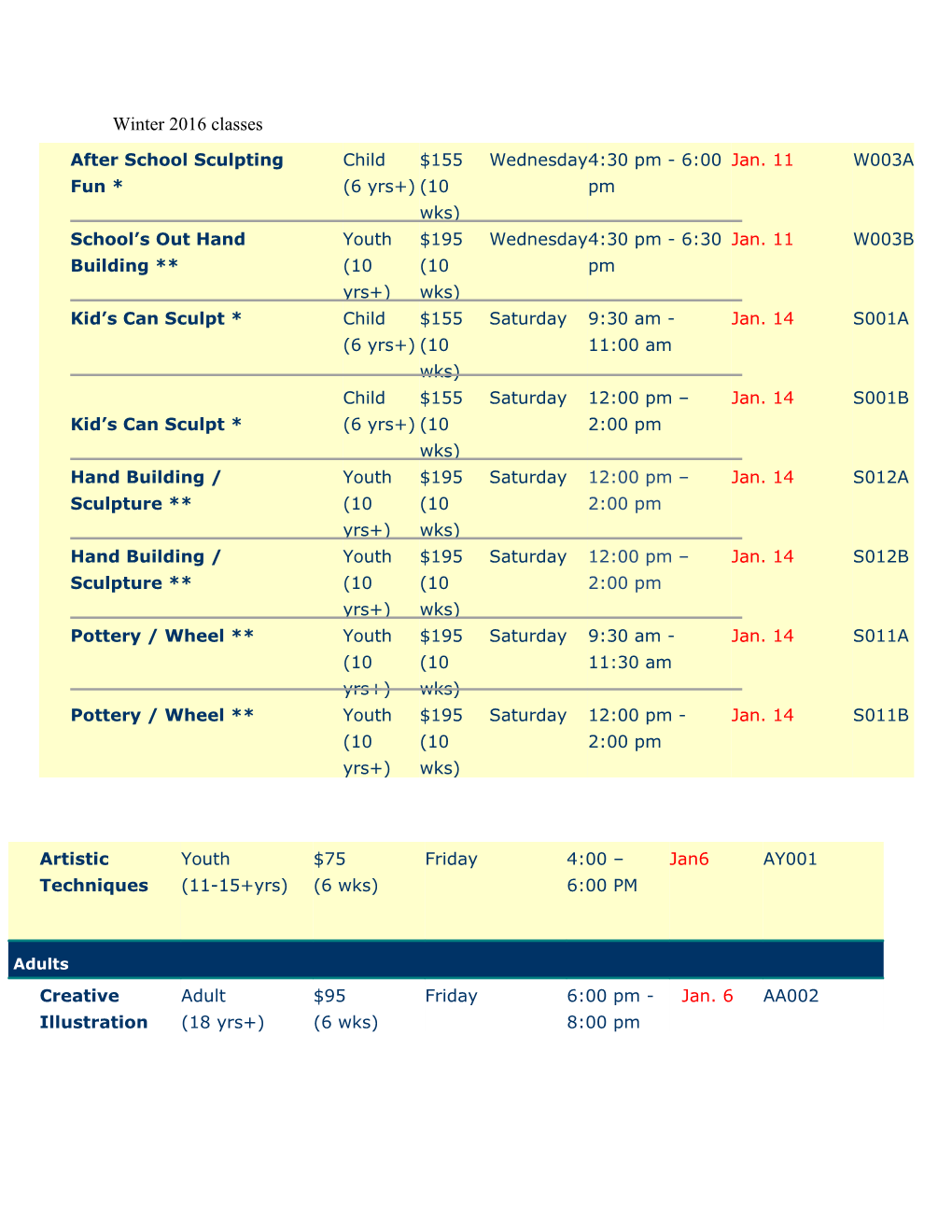 Winter 2016 Classes