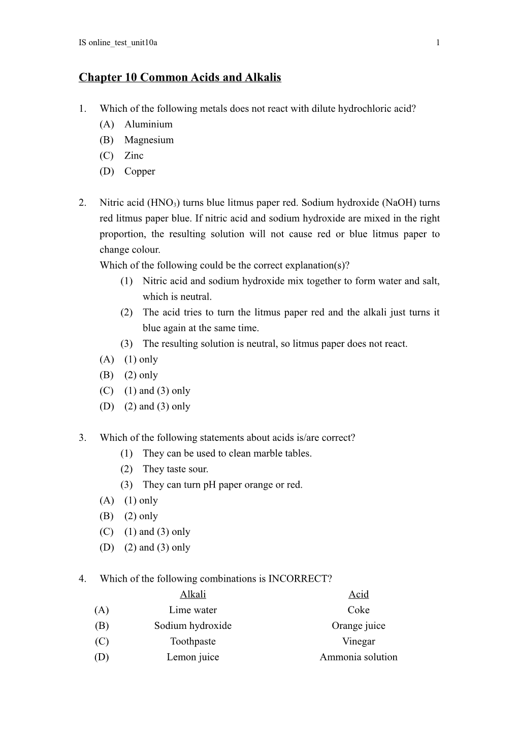 Chapter 10 Common Acids and Alkalis