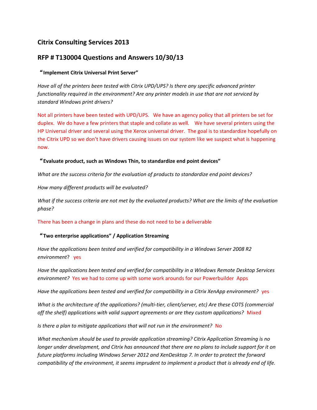 RFP # T130004 Questions and Answers 10/30/13