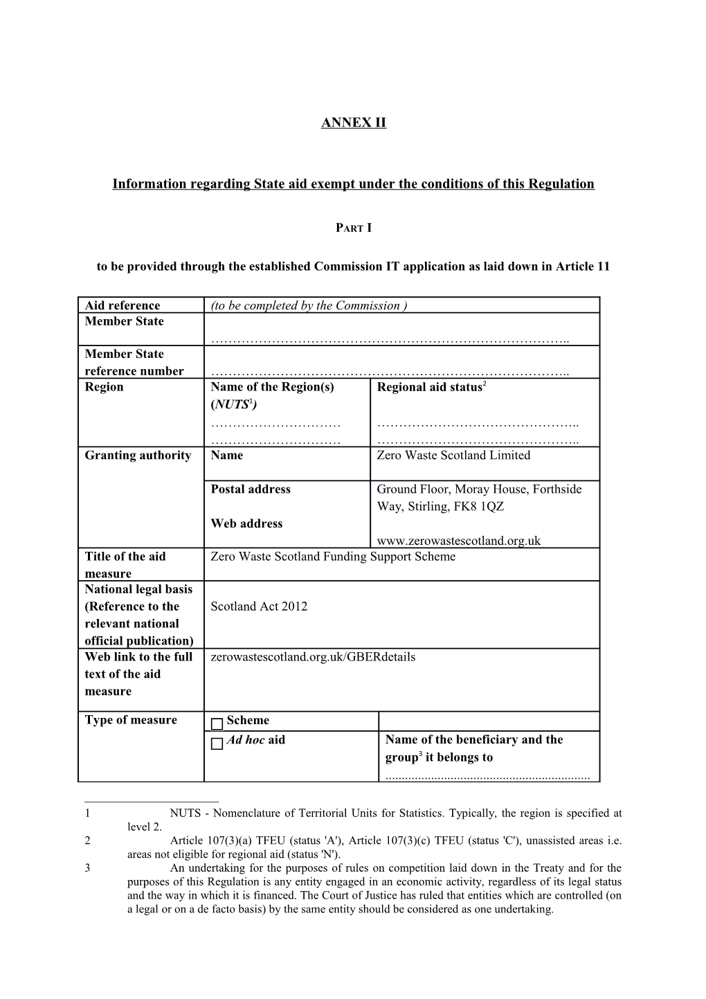 Information Regarding State Aid Exempt Under the Conditions of This Regulation