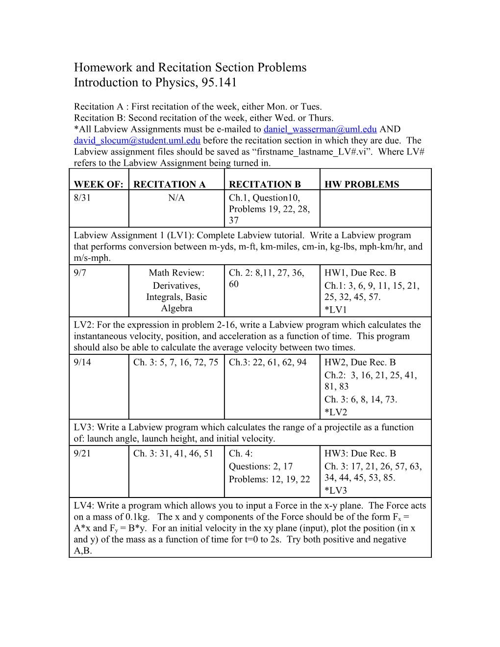 Homework and Recitation Section Problems