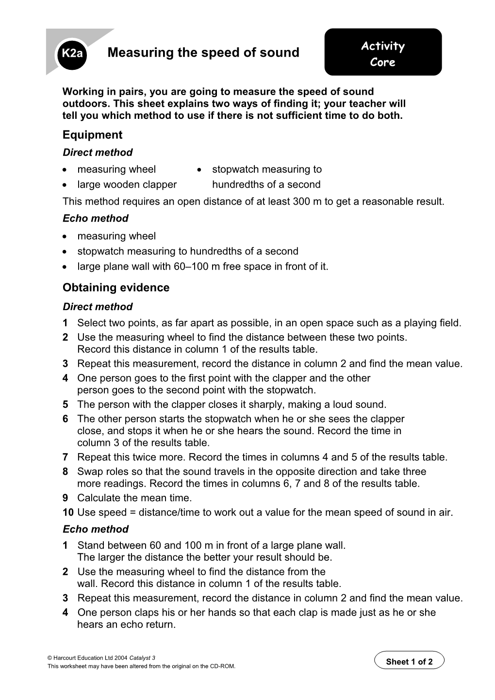 Working in Pairs, You Are Going to Measure the Speed of Sound Outdoors. This Sheet Explains
