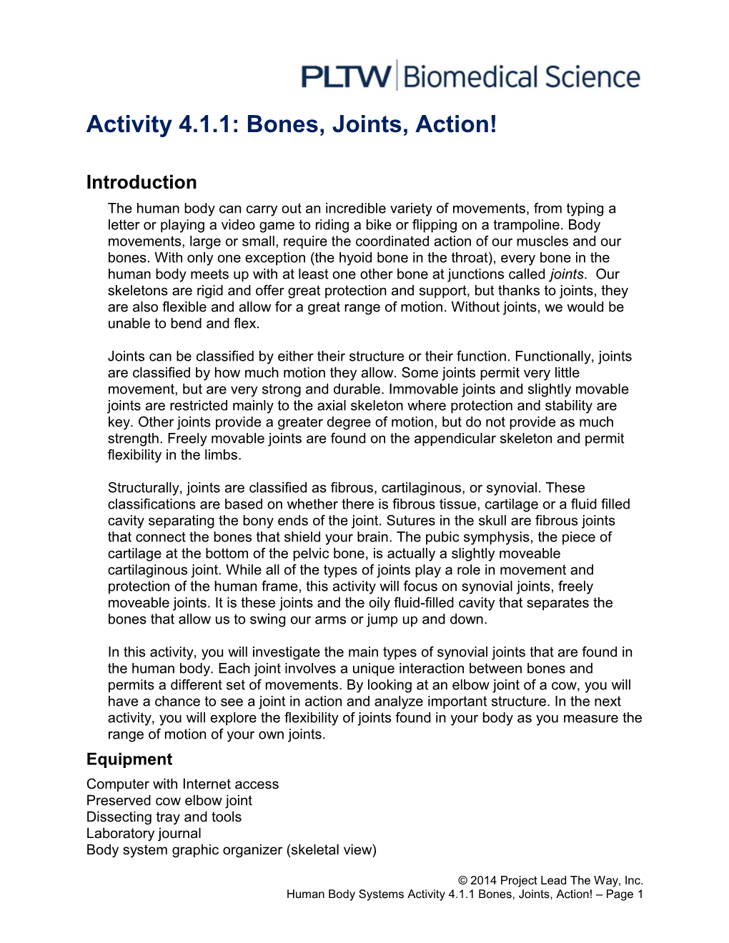 Activity 4.1.1: Bones, Joints, Action!