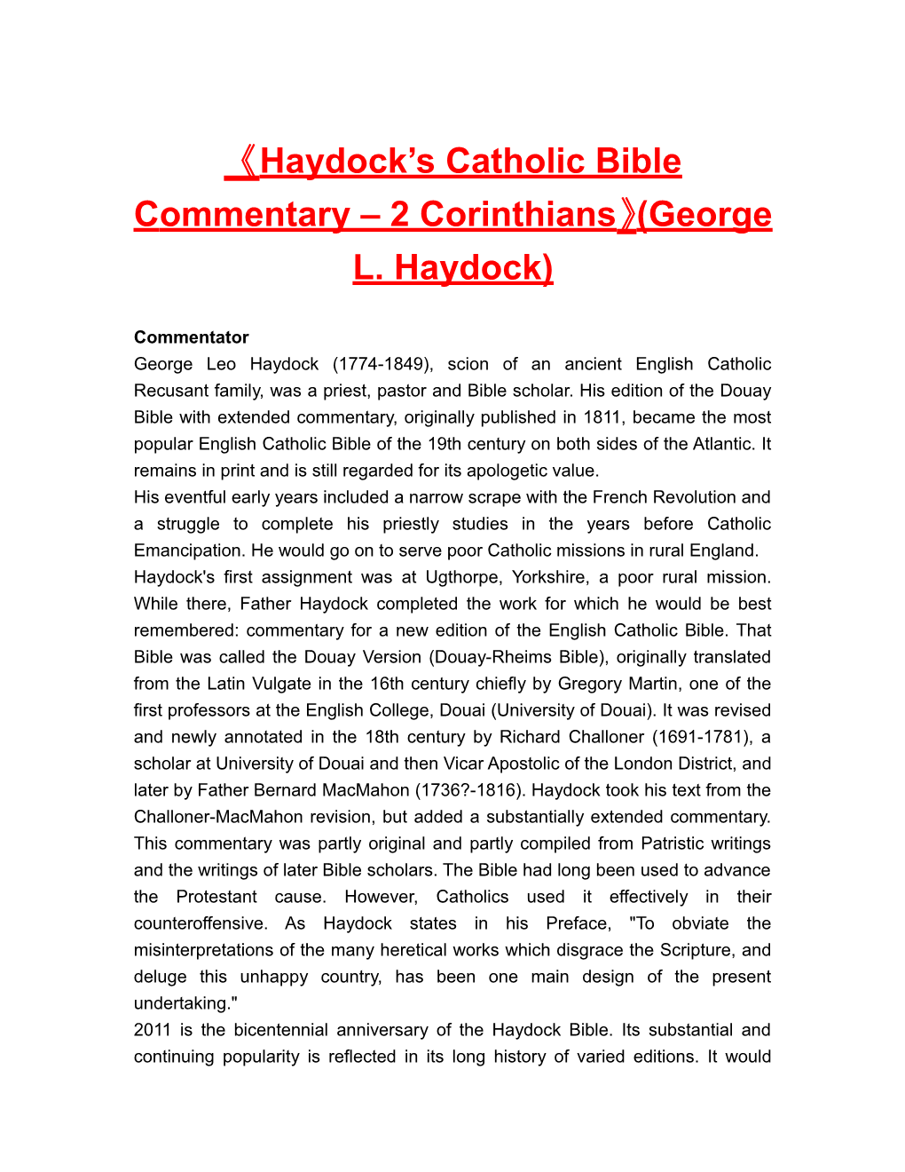 Haydock S Catholic Bible Commentary 2 Corinthians (George L. Haydock)