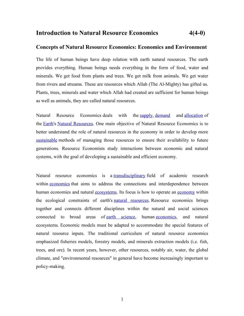 Introduction to Natural Resource Economics