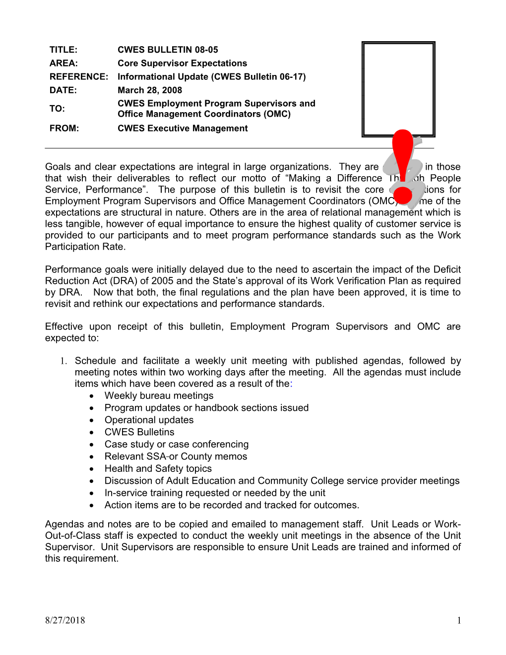 Effective Upon Receipt of This Bulletin, Employment Programsupervisors and OMC Areexpected To